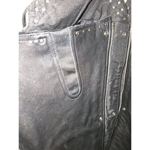Mens First Classics Iron Pony Leather Motorcycle Chaps With Studs & Buckles Blac - Picture 10 of 16